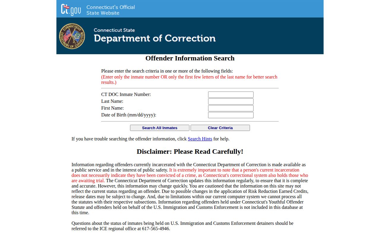 Connecticut DOC search used for New Britain released inmate records