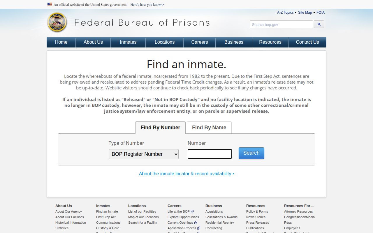 Federal BOP inmate locator for New Britain-related federal release records