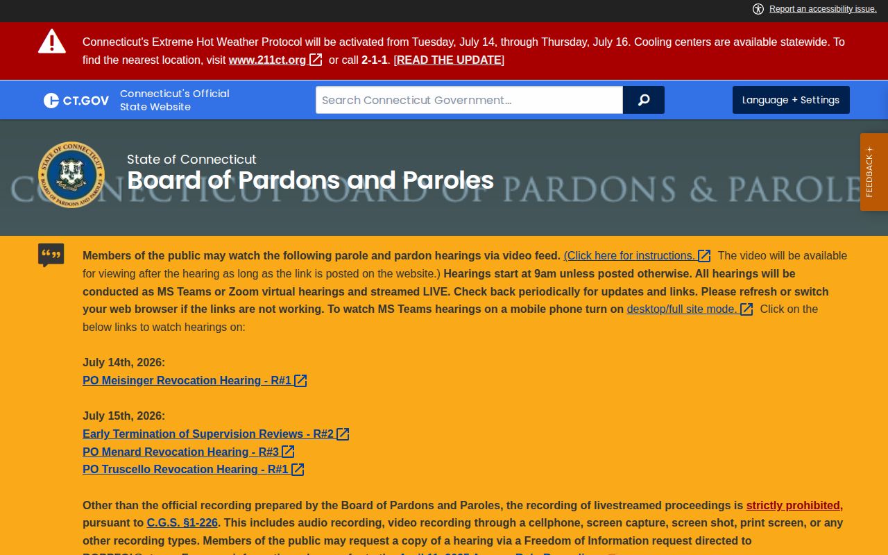 Connecticut Board of Pardons and Paroles release hearing page for New Britain cases