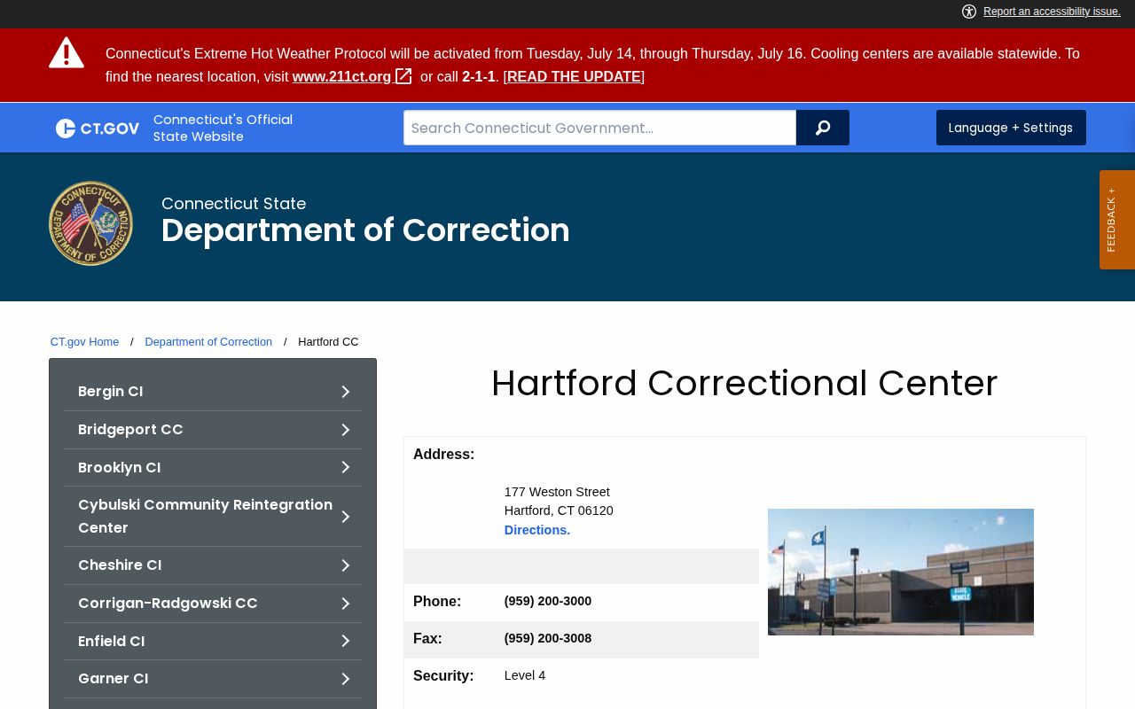 Connecticut DOC Hartford Correctional Center facility page